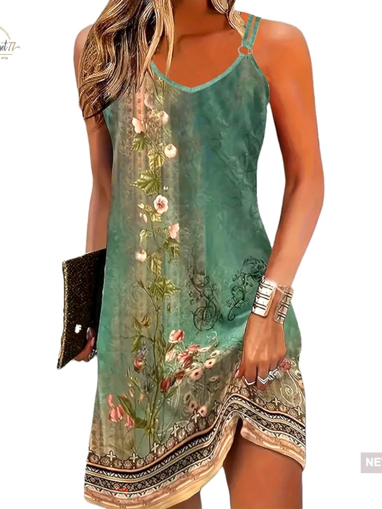 Sleeveless V-Neck Mini Sundress, Lightweight Polyester Blend, Beach Cover Up